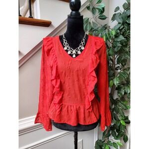 Soho New York & Company Women Red Polyester V-Neck Long Sleeve Top Blouse Small